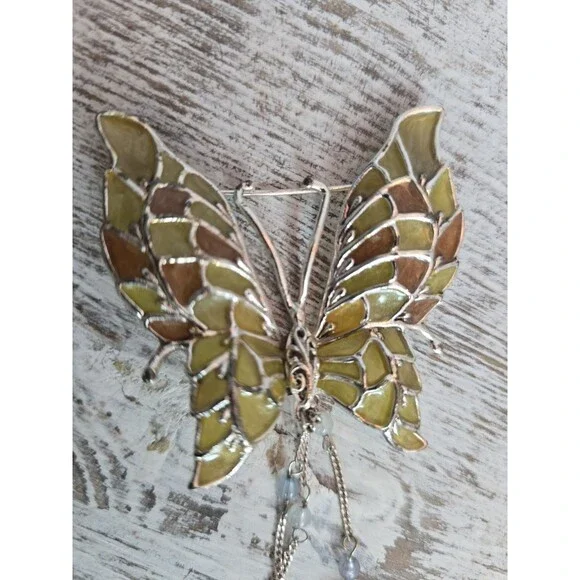 Enamel Butterfly Brooch With Dangle Beads Gold Tone Marked Figural Pin #187 - Picture 2 of 8
